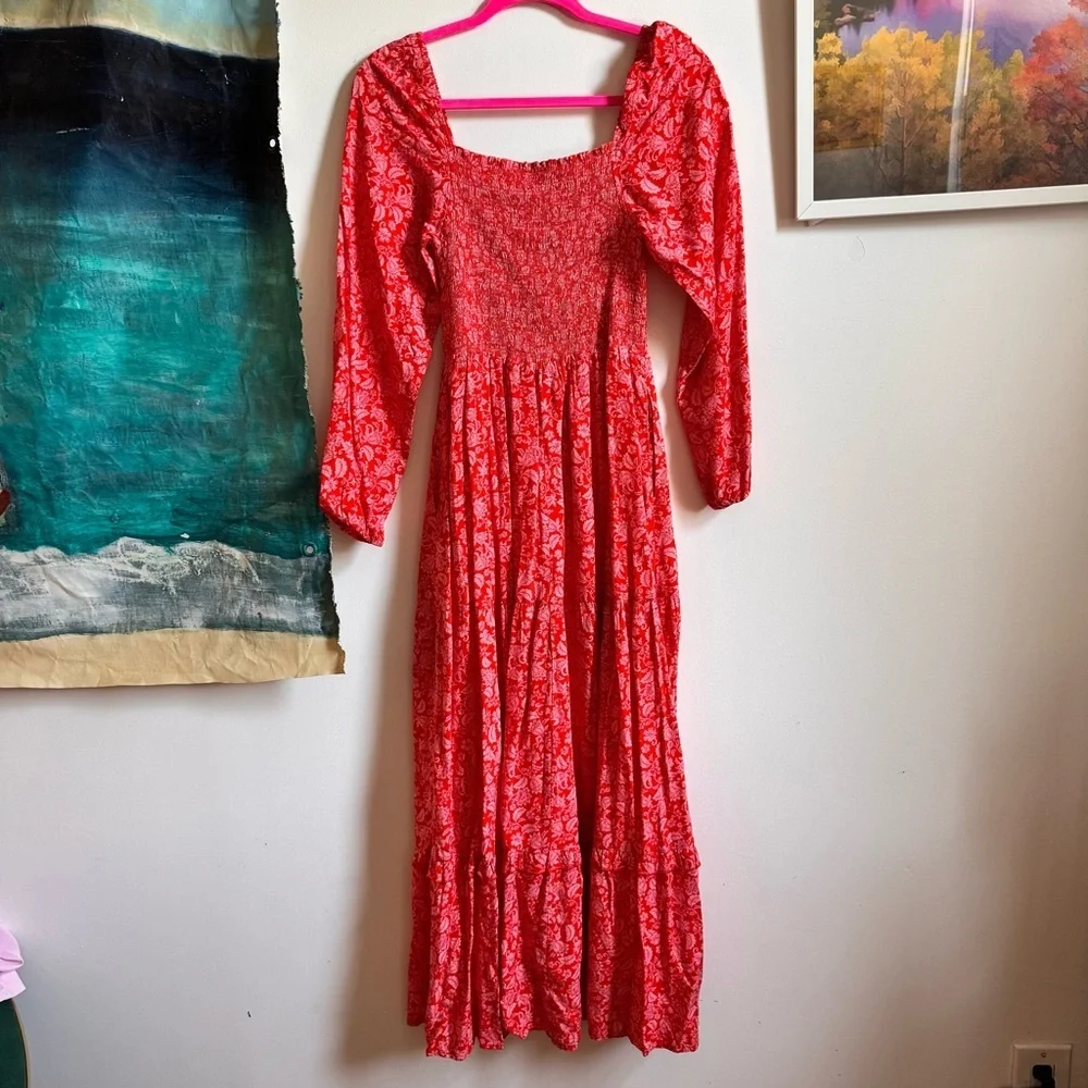 Anthropologie Dolan Left Coast Floral Smocked Midi Dress Red Pink Medium - Picture 4 of 6